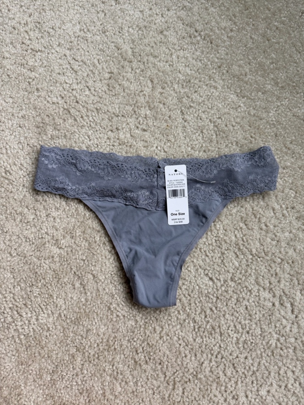 Natori Lace-Waist Thong Panty in Gray